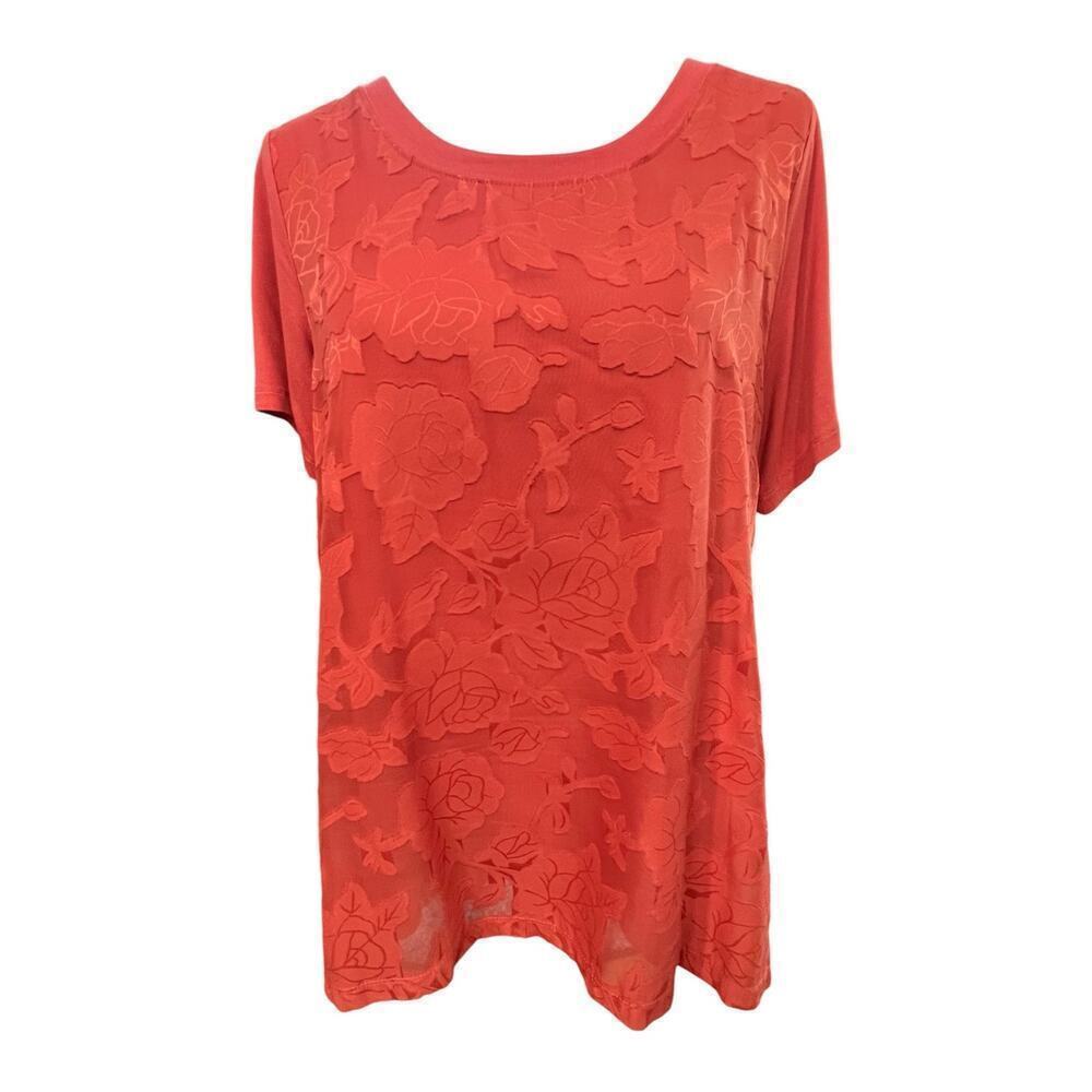 RXB Lace Overlay Blouse, Short Sleeve, Relaxed Fit, Spiced Coral, size Medium